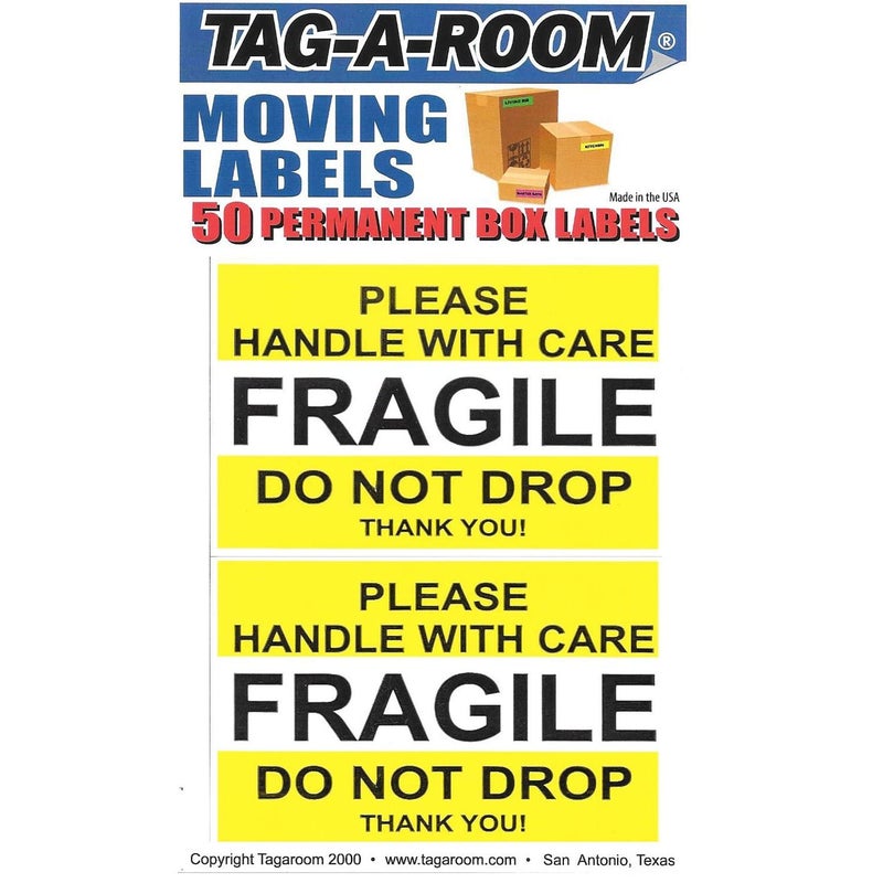 Tag-A-Room Fragile Stickers 2.5'' x 4'' 50 Labels, Fragile - Please Handle with Care - Do Not Drop Thank You Moving Labels Stickers Yellow Fragile - Image 2
